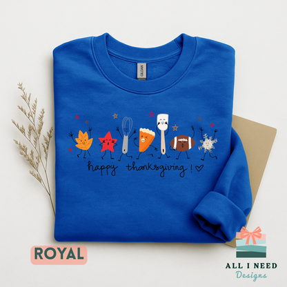 Happy Thanksgiving Doodles Long Sleeve Top, Autumn Sports Motif, Festive Family Dinner Wear
