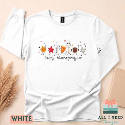 Happy Thanksgiving Doodles Long Sleeve Top, Autumn Sports Motif, Festive Family Dinner Wear