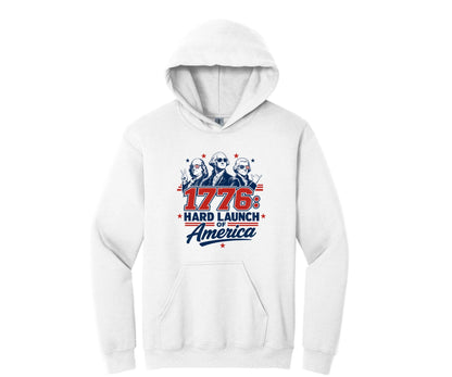 All I Need Designs white hoodie with "1776: Hard Launch of America" graphic featuring founding fathers in sunglasses.