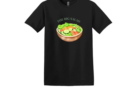 All I Need Designs black unisex cotton tee with a graphic of a wooden bowl filled with a big salad and the text "THE BIG SALAD".