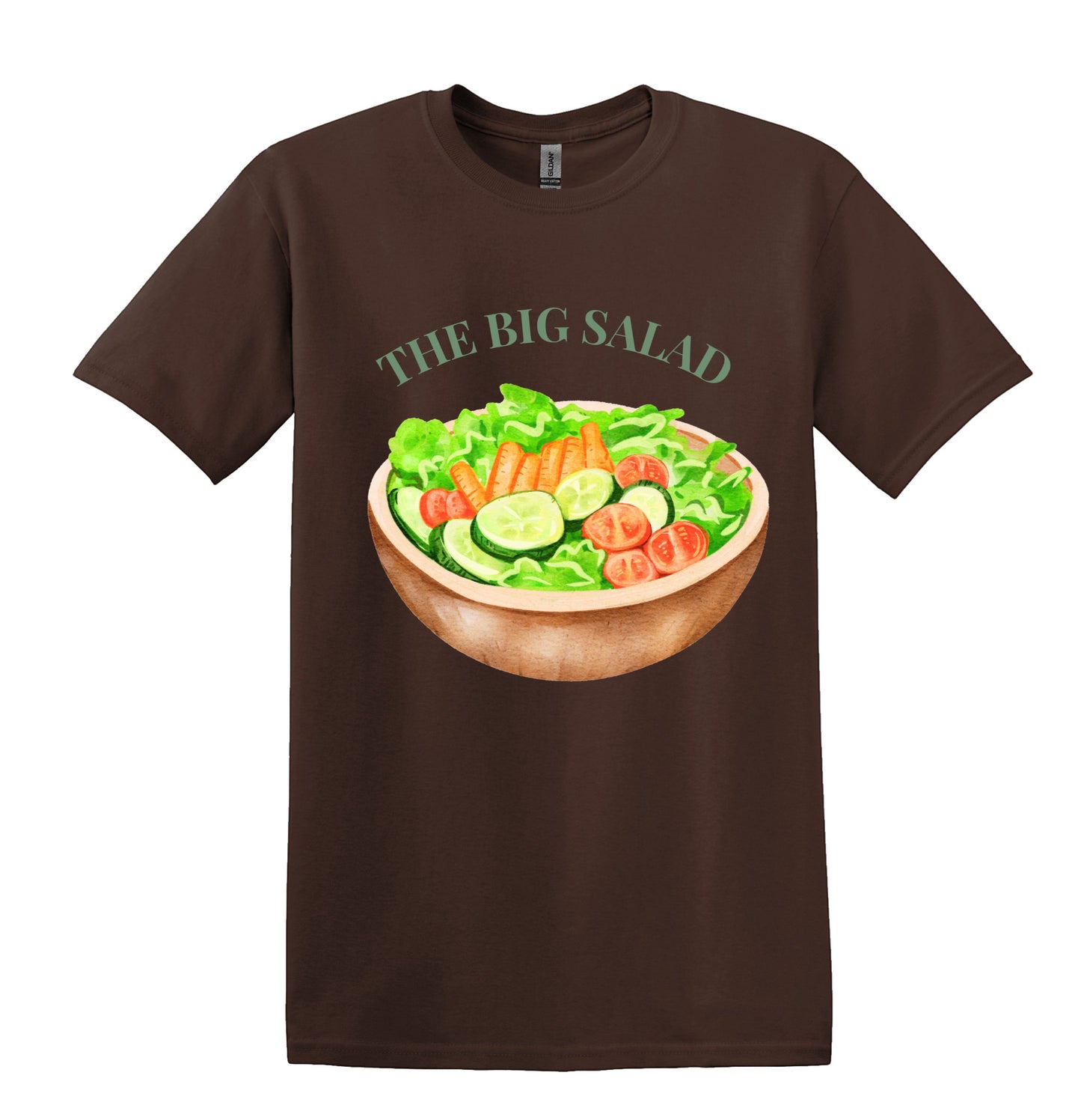 All I Need Designs brown cotton t-shirt with "The Big Salad" graphic and a watercolor illustration of a salad bowl.