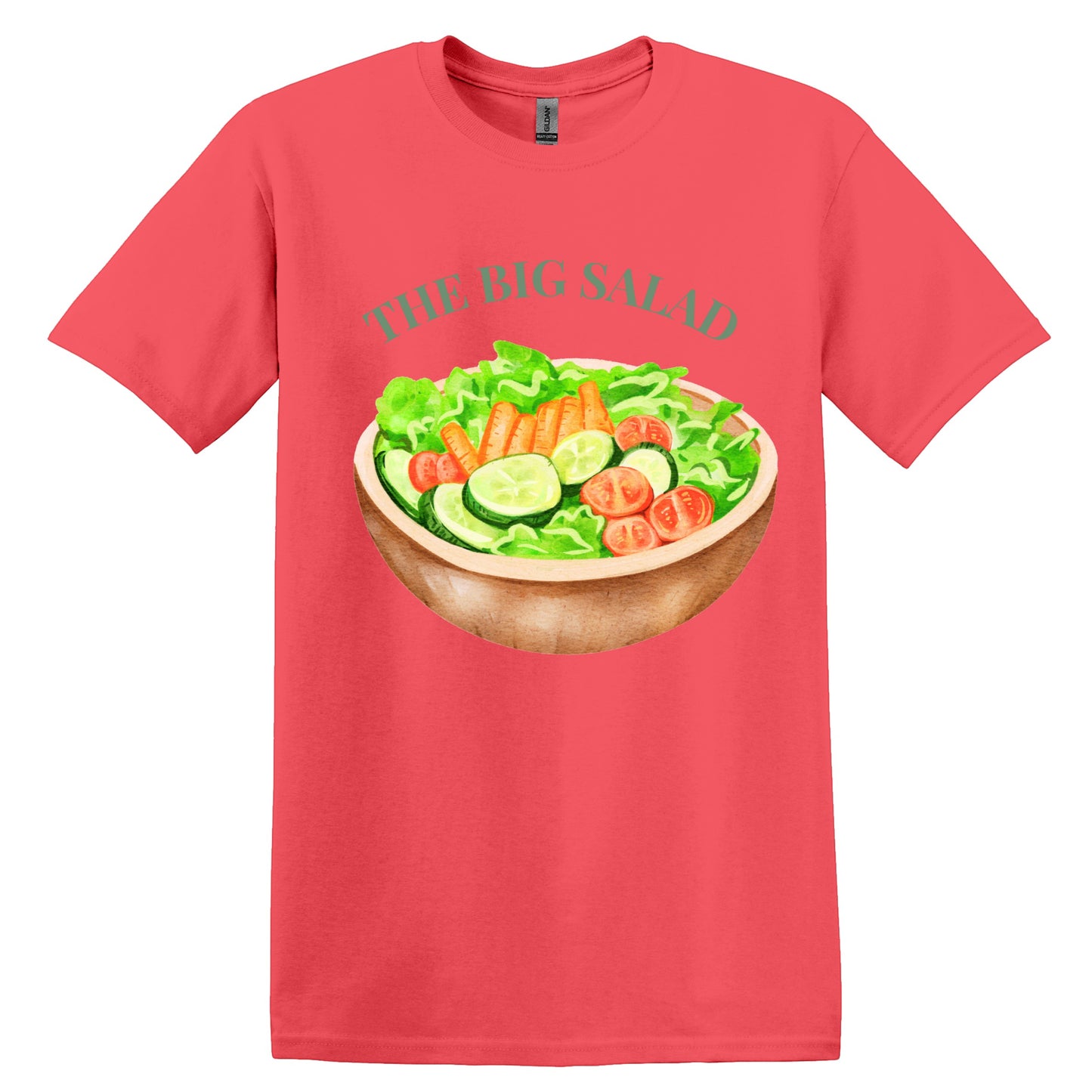 All I Need Designs coral cotton blend unisex tee with "The Big Salad" graphic and a watercolor-style bowl of salad.