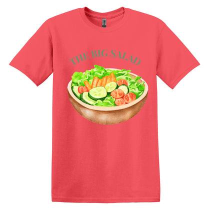 All I Need Designs coral cotton blend unisex tee with "The Big Salad" graphic and a watercolor-style bowl of salad.