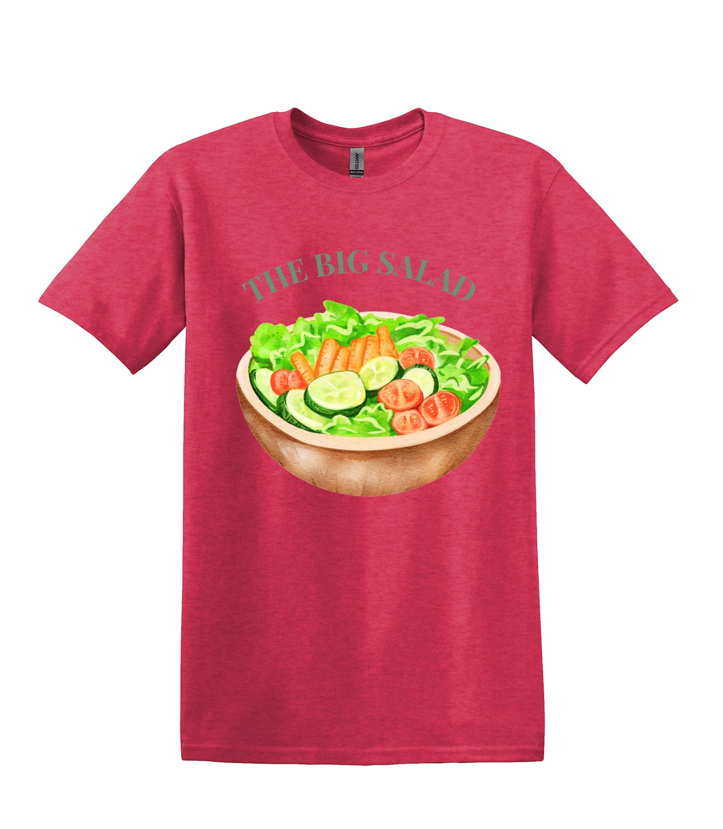 All I Need Designs red unisex cotton blend tee with "The Big Salad" graphic and a watercolor image of a salad bowl.