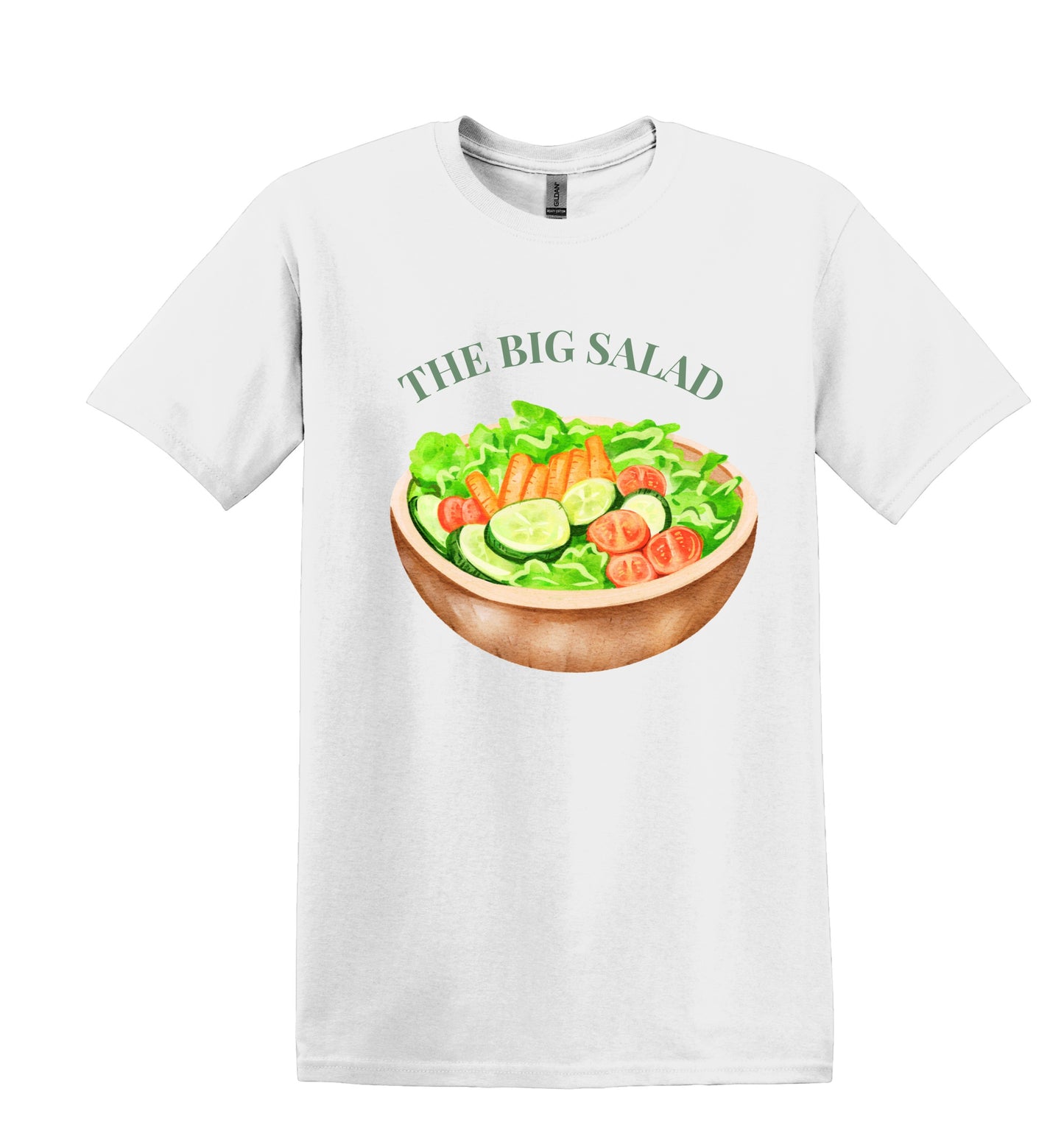 All I Need Designs white unisex cotton blend tee with "The Big Salad" graphic. Features a watercolor-style bowl of salad.
