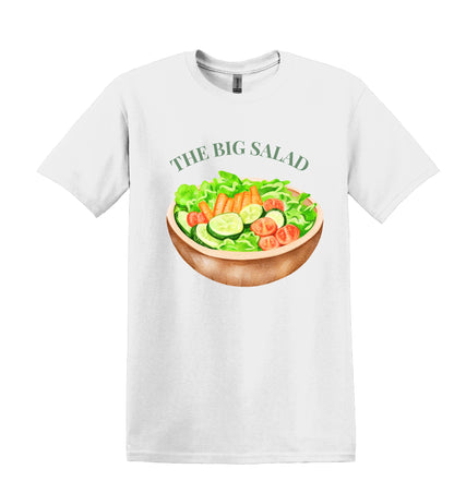 All I Need Designs white unisex cotton blend tee with "The Big Salad" graphic. Features a watercolor-style bowl of salad.