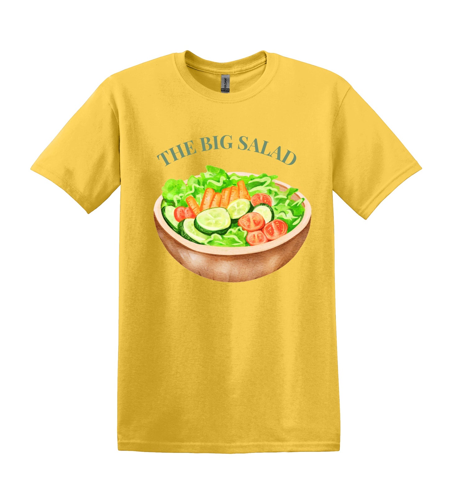 All I Need Designs yellow cotton tee with a watercolor graphic of a big salad in a wooden bowl and the text "THE BIG SALAD".