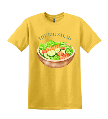 All I Need Designs yellow cotton tee with a watercolor graphic of a big salad in a wooden bowl and the text "THE BIG SALAD".