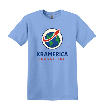 All I Need Designs light blue unisex softstyle t-shirt with Kramerica Industries logo graphic. Cotton blend.
