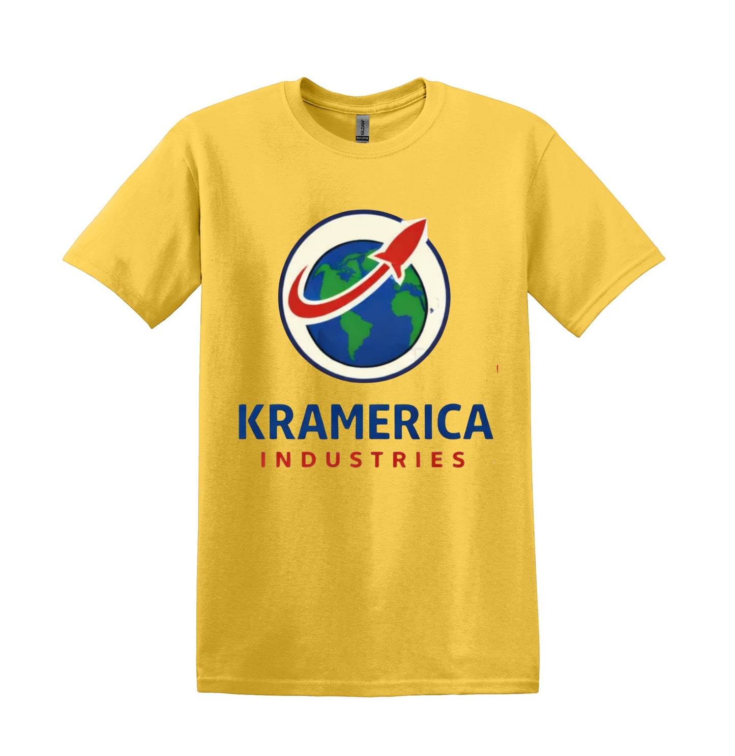 All I Need Designs yellow unisex softstyle t-shirt with Kramerica Industries graphic logo featuring a rocket orbiting the Earth.