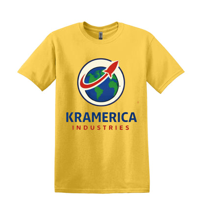All I Need Designs yellow unisex softstyle t-shirt with Kramerica Industries graphic logo featuring a rocket orbiting the Earth.
