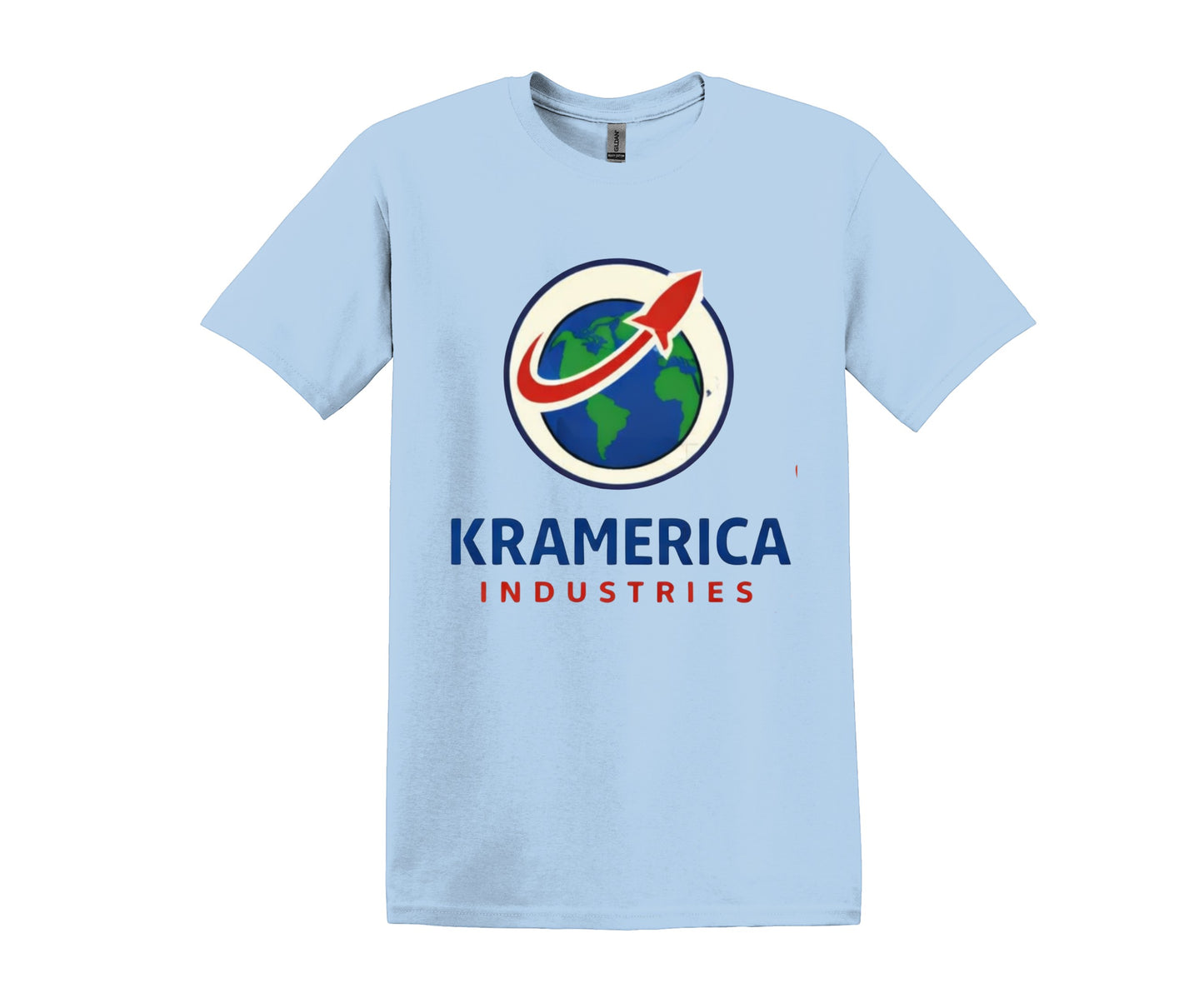 All I Need Designs light blue unisex softstyle t-shirt with Kramerica Industries logo graphic. Cotton blend.