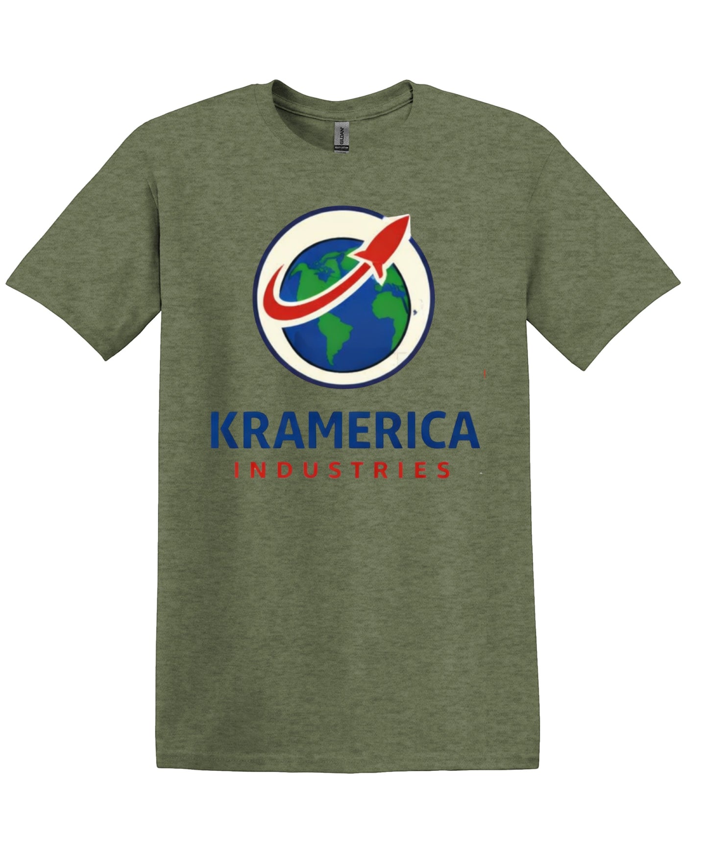 All I Need Designs olive green unisex softstyle t-shirt with Kramerica Industries logo and text.