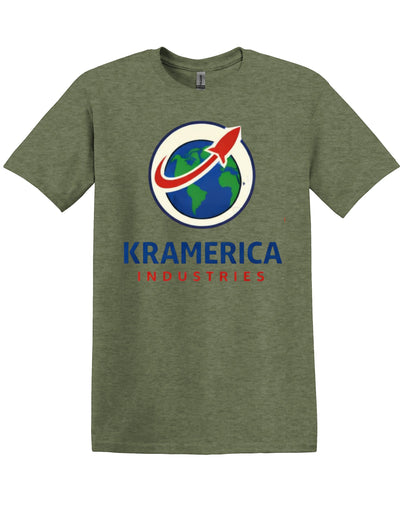 All I Need Designs olive green unisex softstyle t-shirt with Kramerica Industries logo and text.