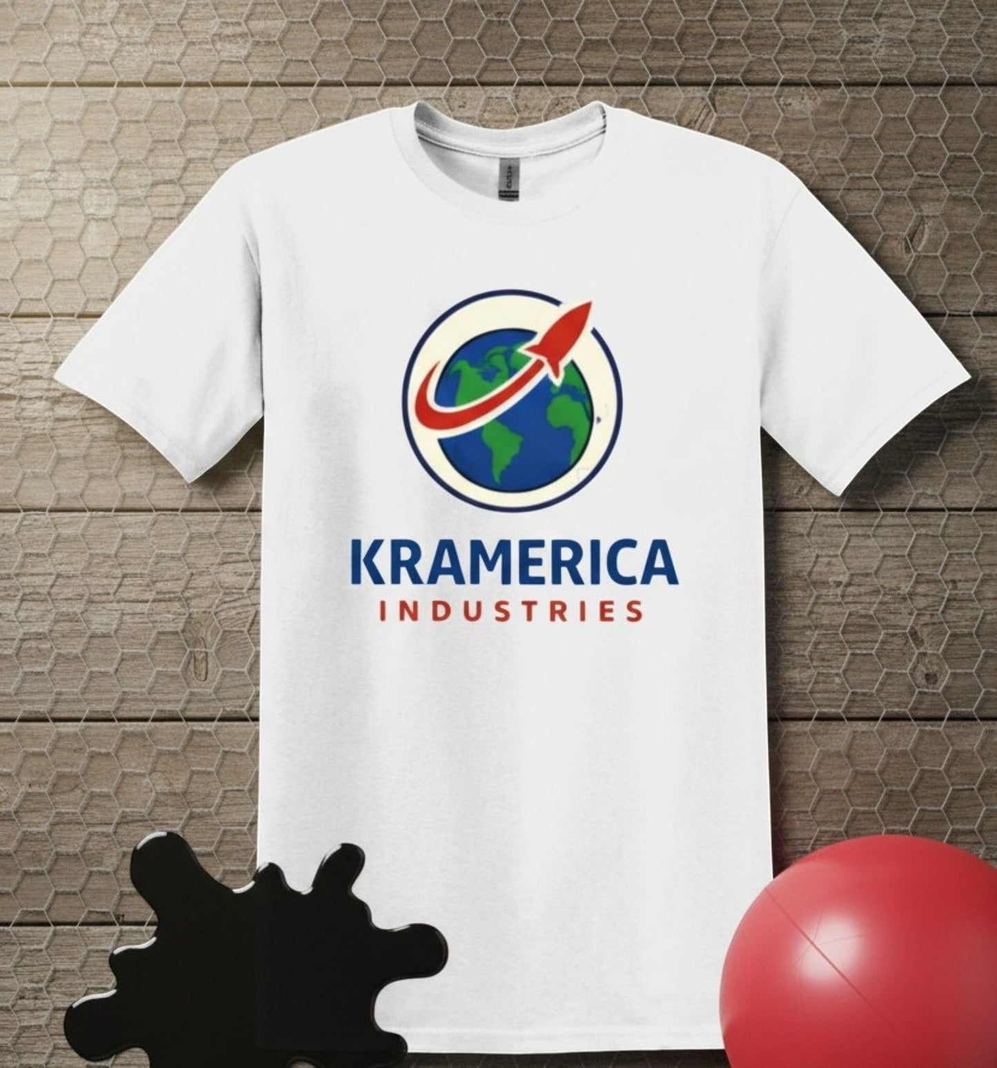 All I Need Designs white unisex softstyle t-shirt with Kramerica Industries graphic logo, 90s TV vibe