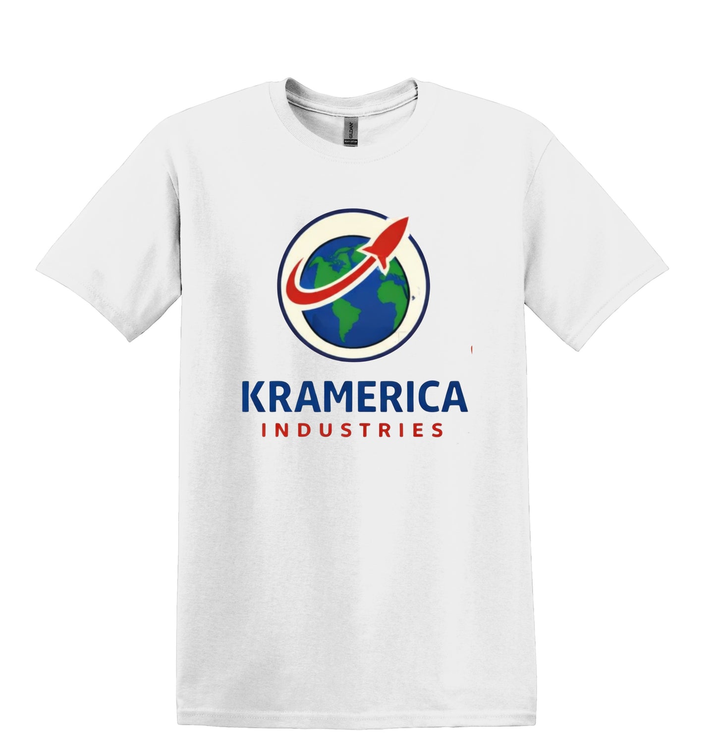 All I Need Designs white unisex softstyle t-shirt with Kramerica Industries graphic logo and text.