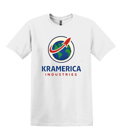 All I Need Designs white unisex softstyle t-shirt with Kramerica Industries graphic logo and text.