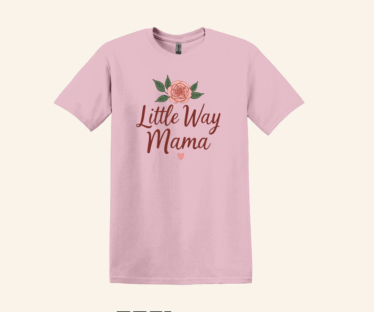 All I Need Designs light pink cotton-blend unisex t-shirt with "Little Way Mama" script and rose graphic.
