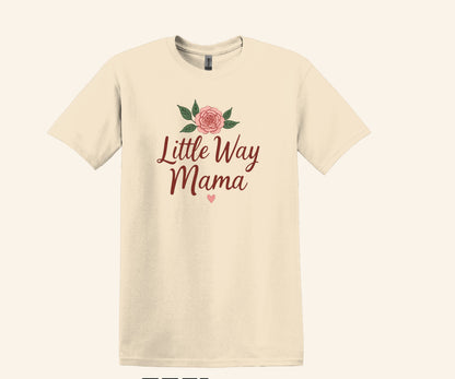 All I Need Designs cream cotton-blend unisex t-shirt with "Little Way Mama" text and rose graphic.