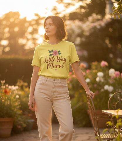 All I Need Designs yellow cotton-blend t-shirt with "Little Way Mama" text and rose graphic, perfect for Mother's Day.