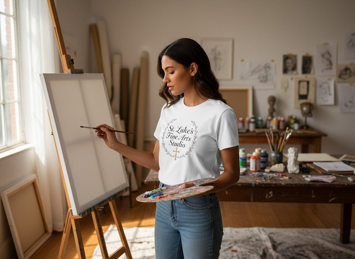 All I Need Designs white cotton blend t-shirt with St. Luke’s Fine Arts Studio and gold cross design. Model is painting.