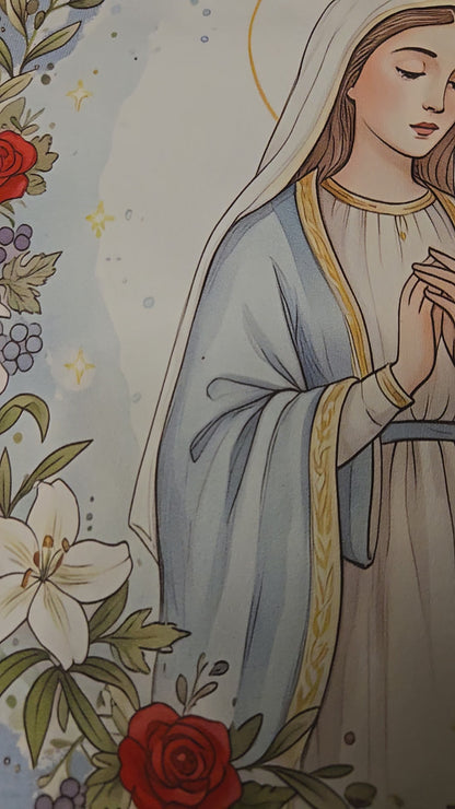 Catholic Blessed Mother Blue T-Shirt | Virgin Mary Floral Wreath Tee | Marian Prayer Shirt