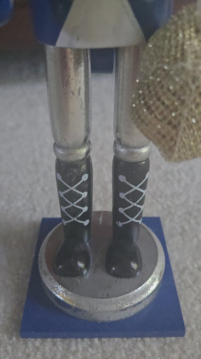 Hanukkah Nutcracker, Blue Silver Dreidel Gelt Decor, 12 Inch Wooden Figurine