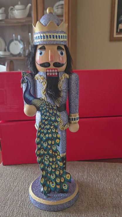 14-inch Glittered Peacock Nutcracker, Blue Gold Christmas Decor Figure