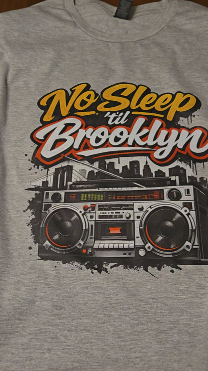 No Sleep Til Brooklyn Boombox Tee, Retro 80s Hip Hop Graphic, NYC Skyline Streetwear
