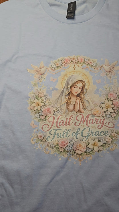 Floral Hail Mary Full of Grace Catholic T-Shirt, Blessed Virgin Mary Devotional Tee