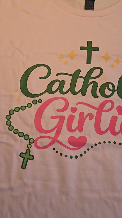 Catholic Girlie Shirt, Rosary & Cross Graphic T-Shirt, Faith Based Christian Gift for Her