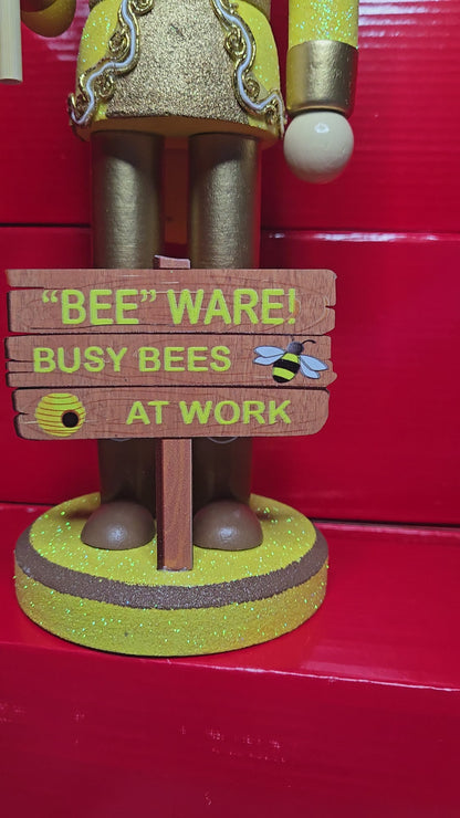 Bee Nutcracker 14 Inch, Busy Bees at Work Farmhouse Christmas Decor, Glitter Gold Figurine