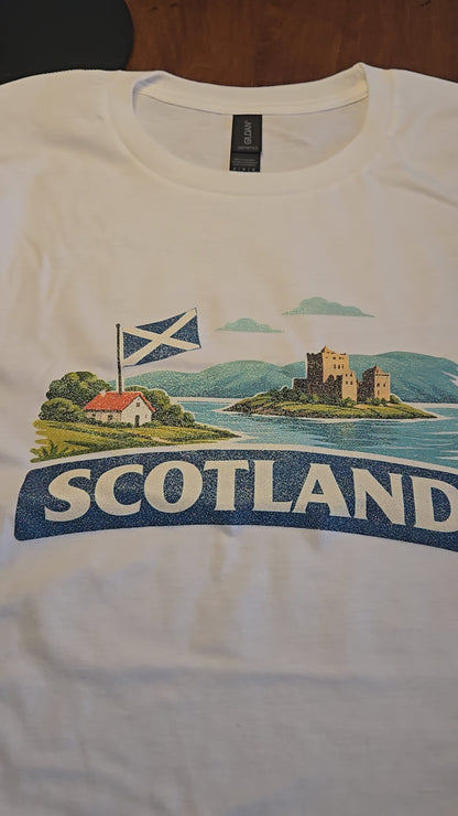 Scotland Travel Shirt, Scottish Flag Tee, Souvenir, UK Landscape Graphic Tee,