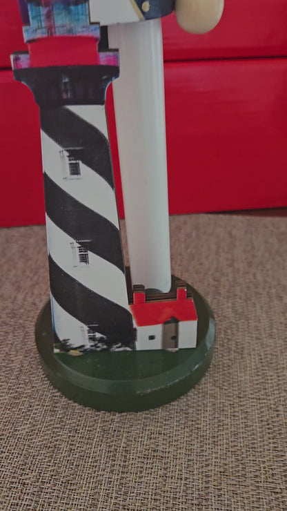 Nautical Lighthouse Keeper Nutcracker, Navy White Wood Christmas Decor, Seaside Accent